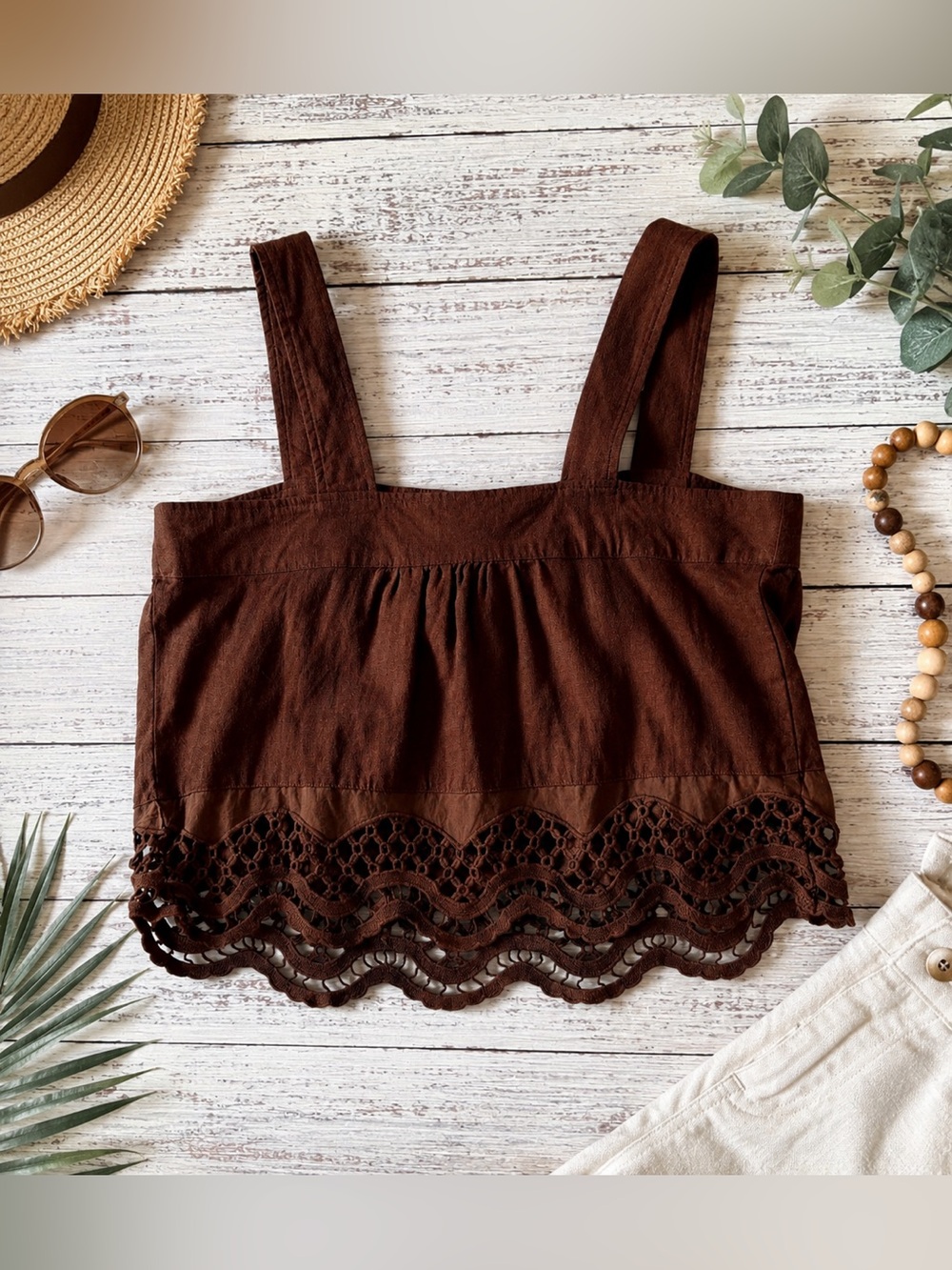 NWOT Rachel Zoe Brown Linen Crochet Lace Crop Top M
